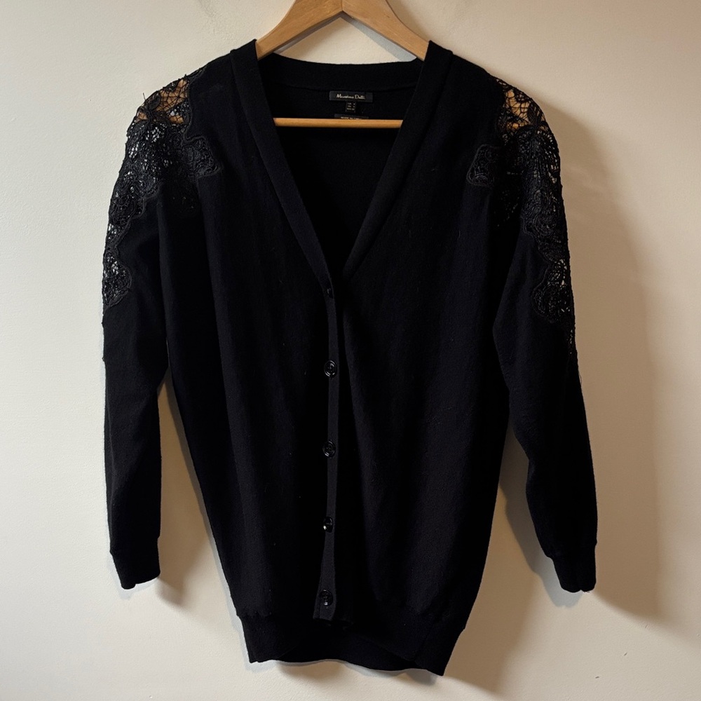 Massimo Dutti Black Lace-Shoulder V-Neck Cardigan
